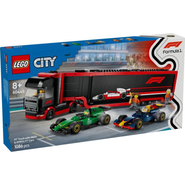 Lego City 60445 F1 Truck met RB20 en AMR24 F1 Auto's